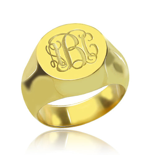 Engraved Circle Monogram Signet Ring 18K Gold Plated Sterling Silver