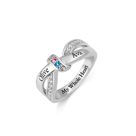 Engraved 2 Names and Birthstones Ribbon Ring with Easy to Read Font