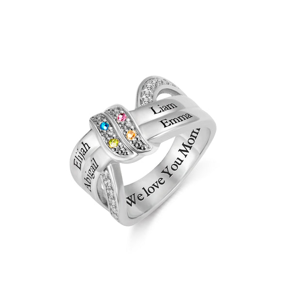 Engraved 4 Names and Birthstones Ribbon Ring with Easy to Read Font Sterling Silver