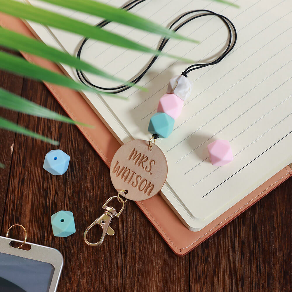 Personalized Wood/Turquoise/Shell with Hexagon Beads Lanyard