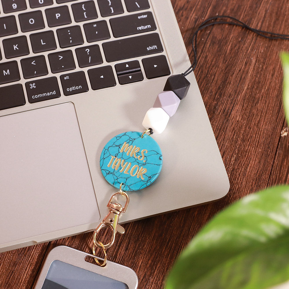 Personalized Wood/Turquoise/Shell with Hexagon Beads Lanyard