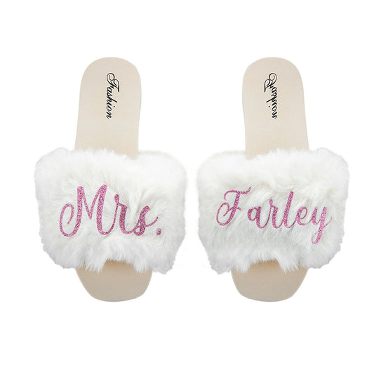 White Bling Furry Personalized Bride Slippers