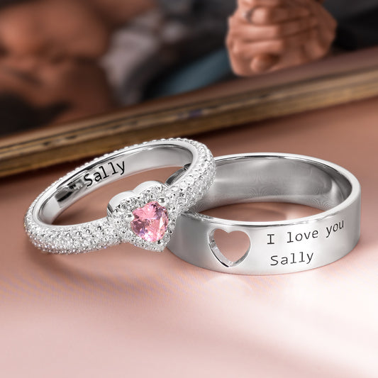 Personalized Heart Birthstone Couple Ring