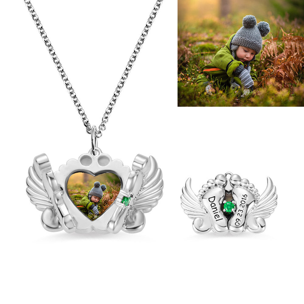 Personalized Photo and Name Angel Wing Feet Necklace