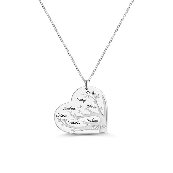 Personalized 1-12 Names Heart Family Tree Necklace Sterling Silver