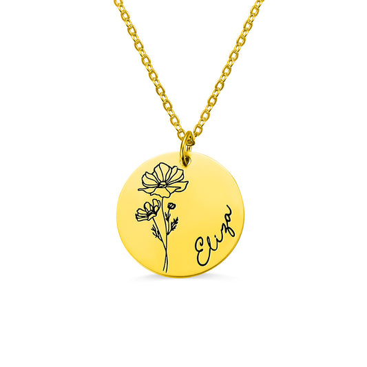 Engraved Birth  Flower Disc Necklace Sterling Silver 20 mm