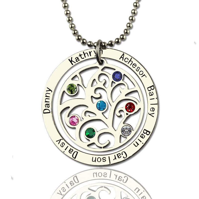 Personalized Circle Family Tree Birthstone 7 Names Necklace- Sterling Silver