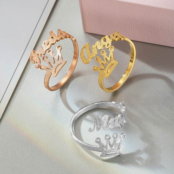 Personalized Crown Name Sand Face Open Ring