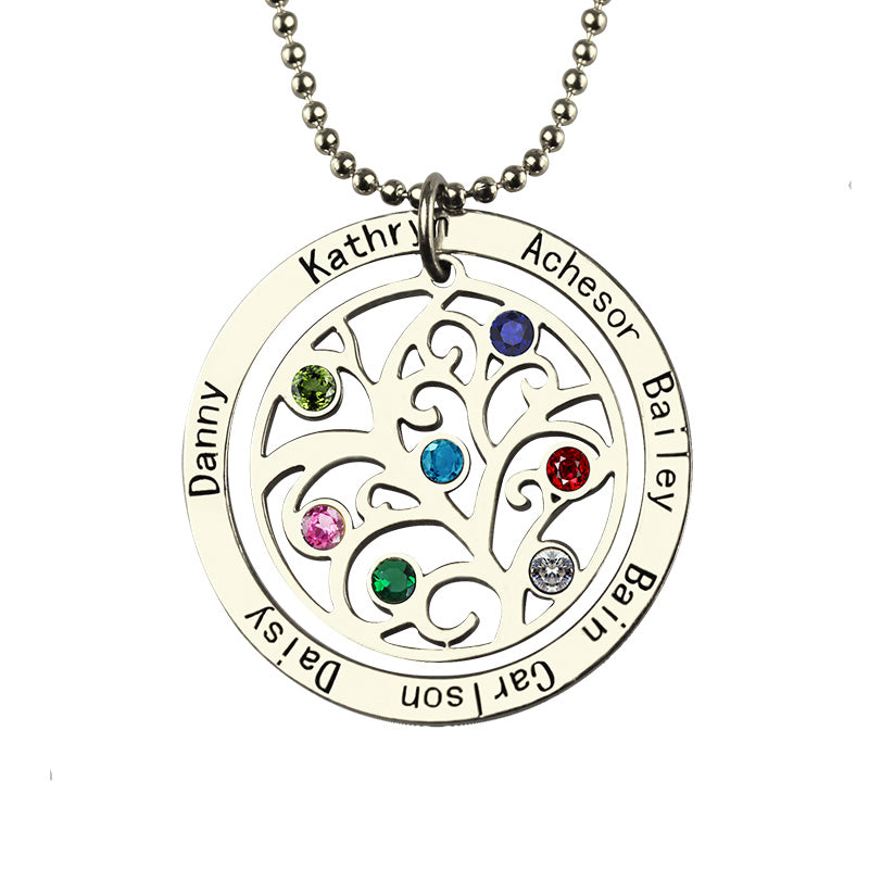 Personalized Circle Family Tree Birthstone 7 Names Necklace- Sterling Silver