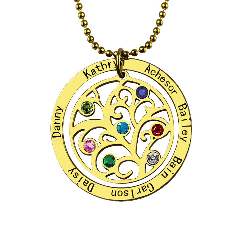 Personalized Circle Family Tree Birthstone 7 Names Necklace- Sterling Silver