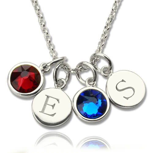 Personalized Double Initial Charm Necklace with Birthstones Sterling Silver