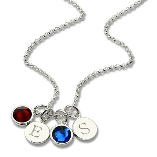 Personalized Double Initial Charm Necklace with Birthstones Sterling Silver