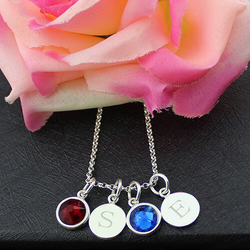 Personalized Double Initial Charm Necklace with Birthstones Sterling Silver