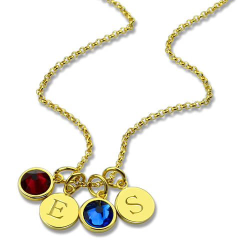 Personalized Double Initial Charm Necklace with Birthstones Sterling Silver