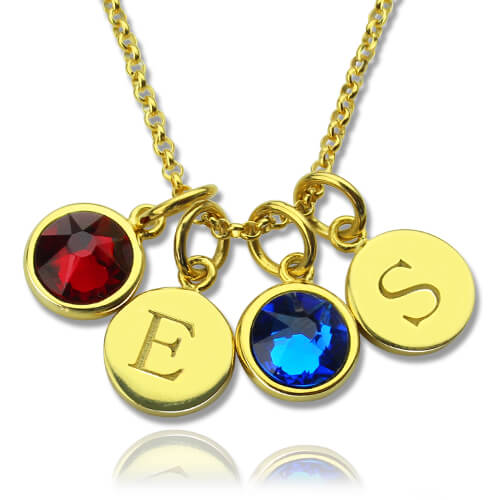 Personalized Double Initial Charm Necklace with Birthstones Sterling Silver