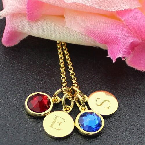 Personalized Double Initial Charm Necklace with Birthstones Sterling Silver