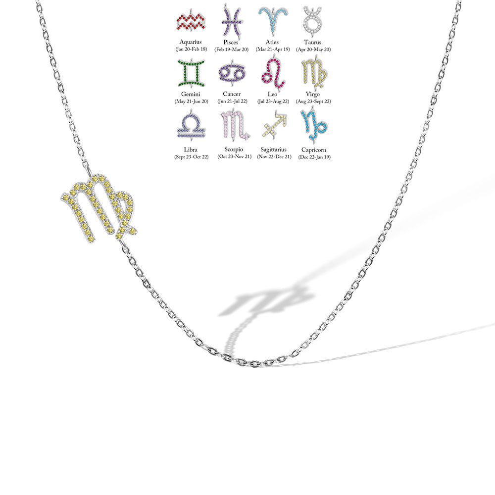 Custom Zodiac Sign Sideway Necklace with Birthstone - Symbol Style Sterling Silver