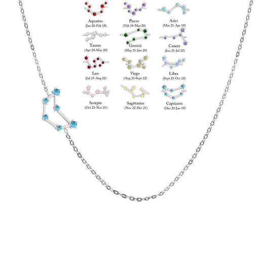 Custom Zodiac Sign Sideway Necklace with Birthstone - Star Style Sterling Silver