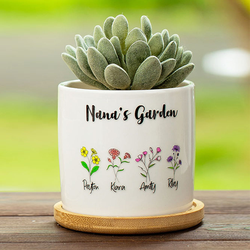 Personalized Ceramics Birth Flower Plant Pot Planter with Names Gift for Grandma Mom Large