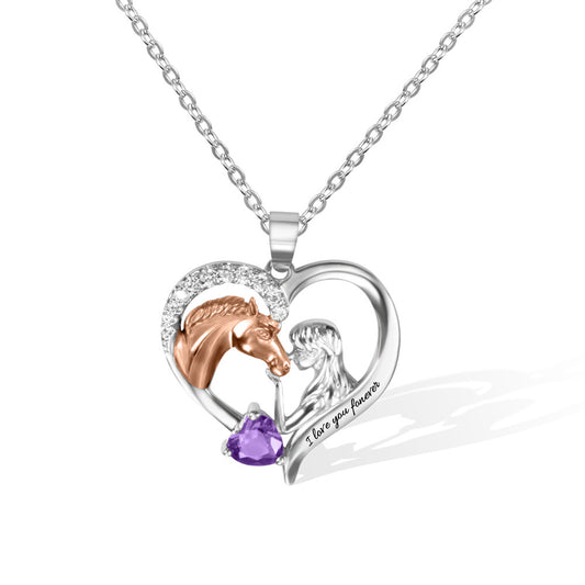 Heart Necklace with Birthstone, Horse & Girl Charm Sterling Silver