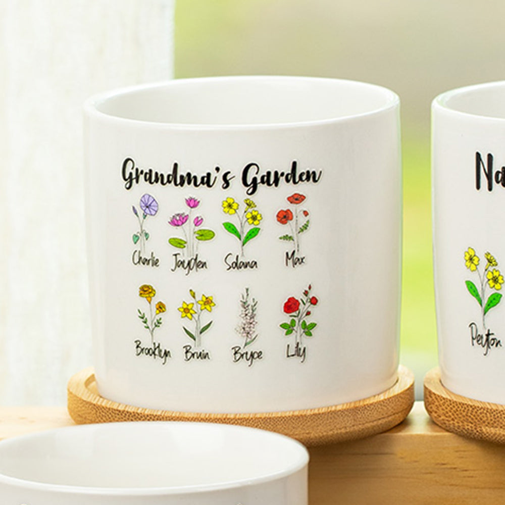 Personalized Ceramics Birth Flower Plant Pot Planter with Names Gift for Grandma Mom Large