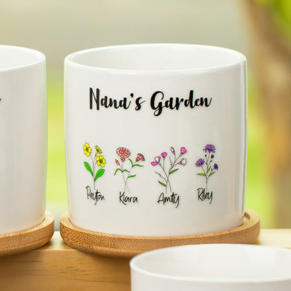 Personalized Ceramics Birth Flower Plant Pot Planter with Names Gift for Grandma Mom Large