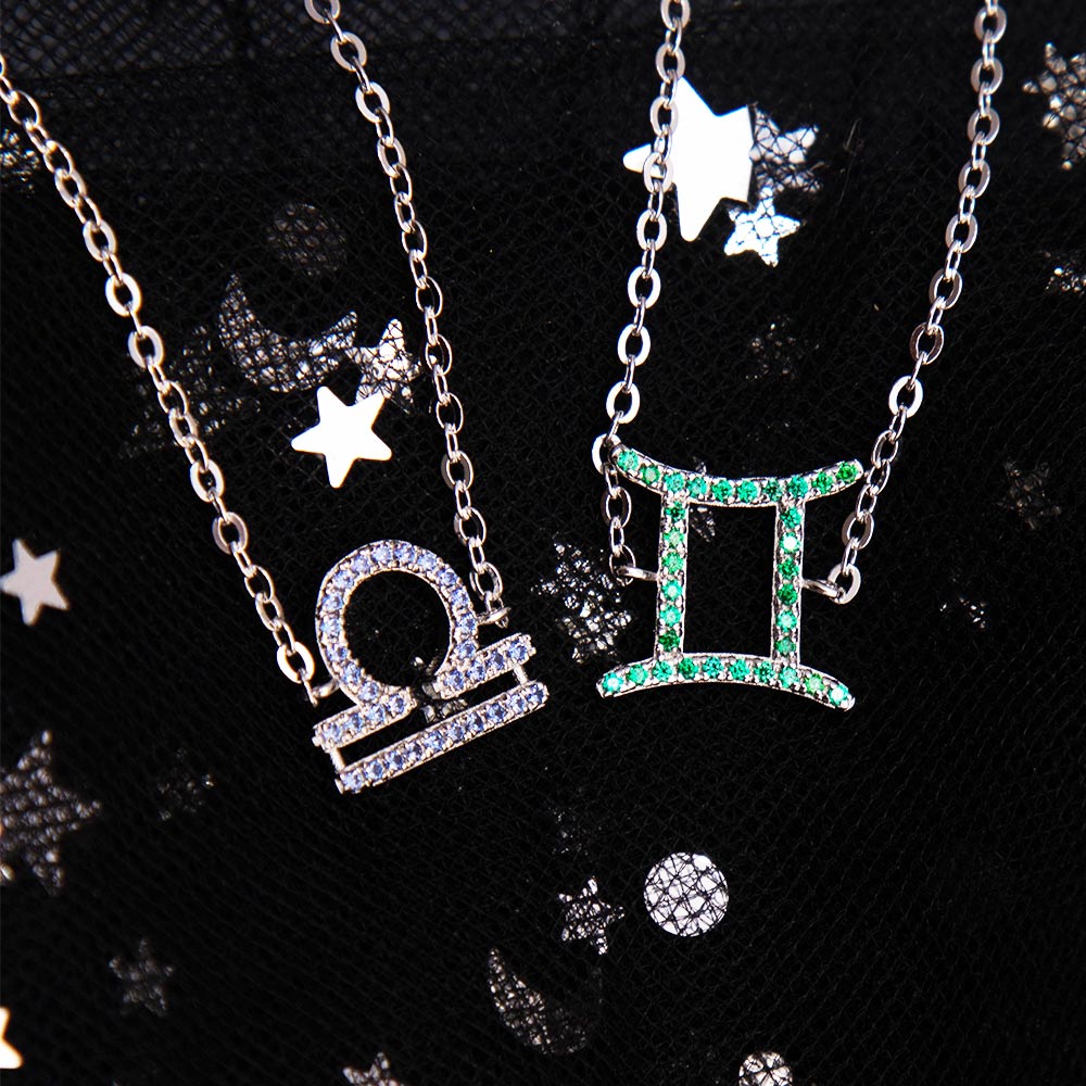 Custom Zodiac Sign Sideway Necklace with Birthstone - Symbol Style Sterling Silver