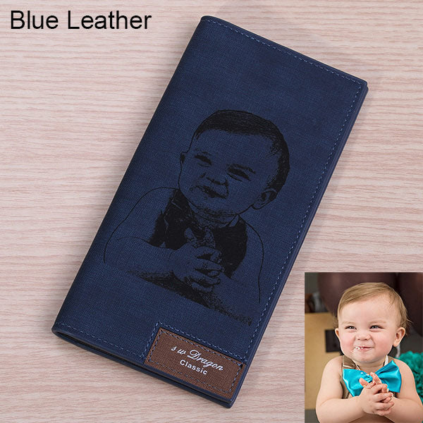 Men's Engraved Photo Leather Long Wallet