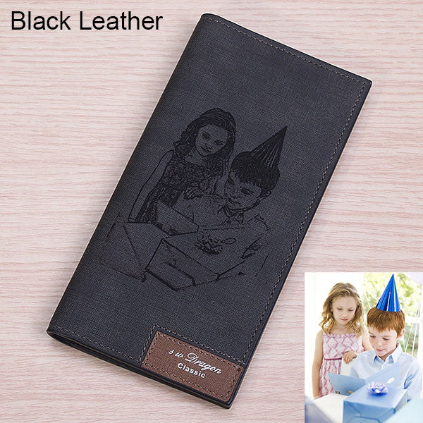 Men's Engraved Photo Leather Long Wallet