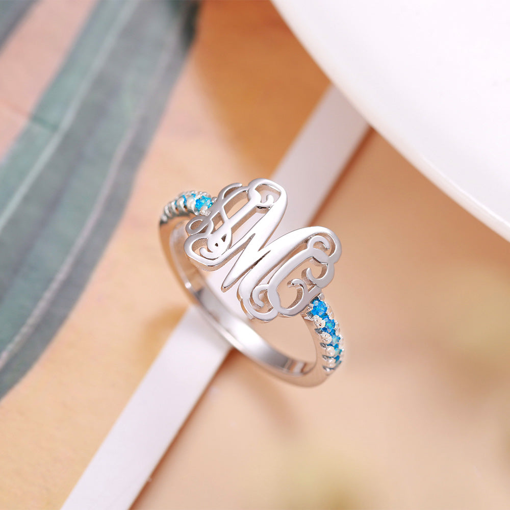 Customized Silver Monogram Ring with Birthstones