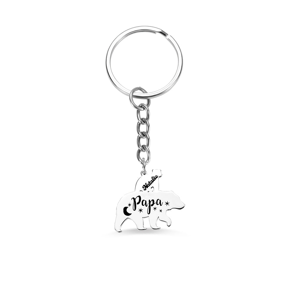 Personalized Papa Bear Keychain in Silver for Dad