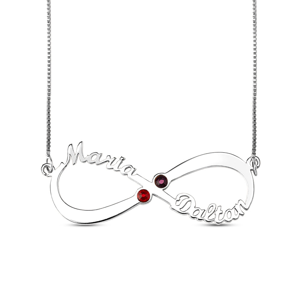 2 Names & Birthstones Infinity Love Necklace Sterling Silver