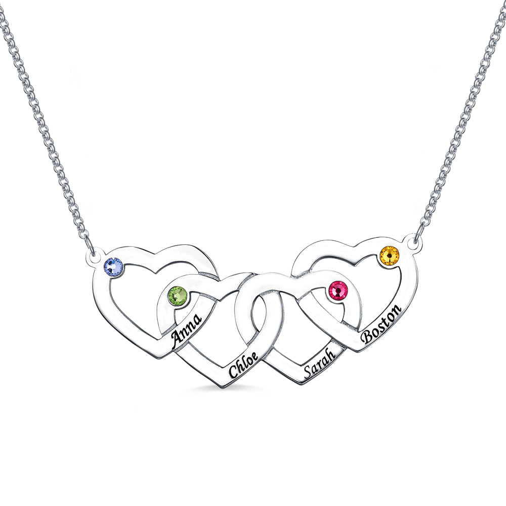 Four Hearts Names & Birthstones Necklace Sterling Silver