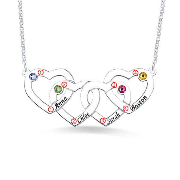 Four Hearts Names & Birthstones Necklace Sterling Silver