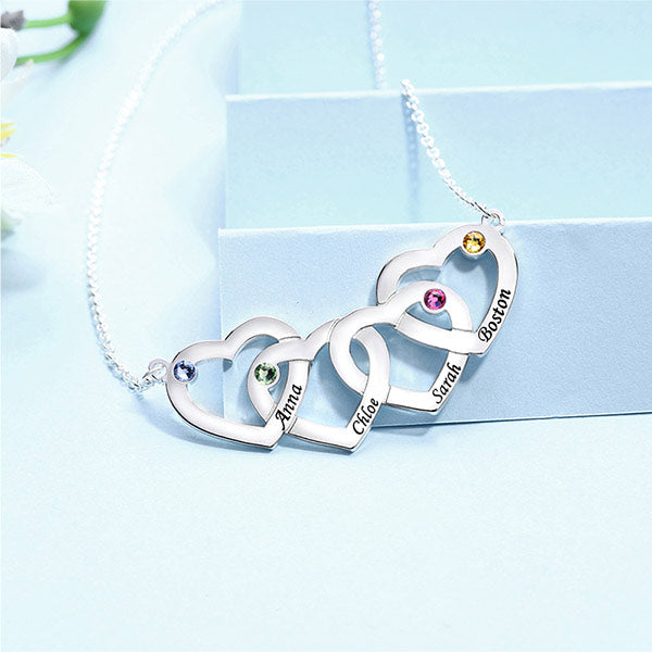 Four Hearts Names & Birthstones Necklace Sterling Silver