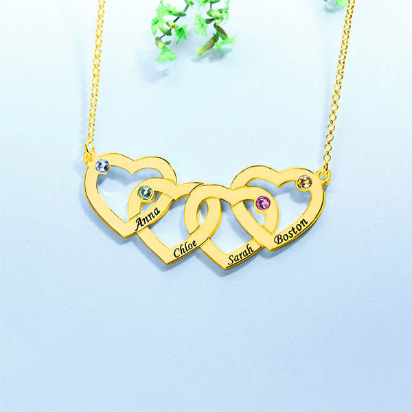 Four Hearts Names & Birthstones Necklace Sterling Silver