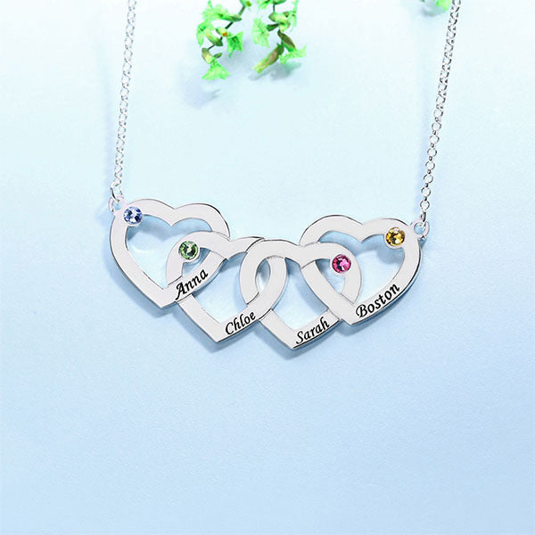 Four Hearts Names & Birthstones Necklace Sterling Silver