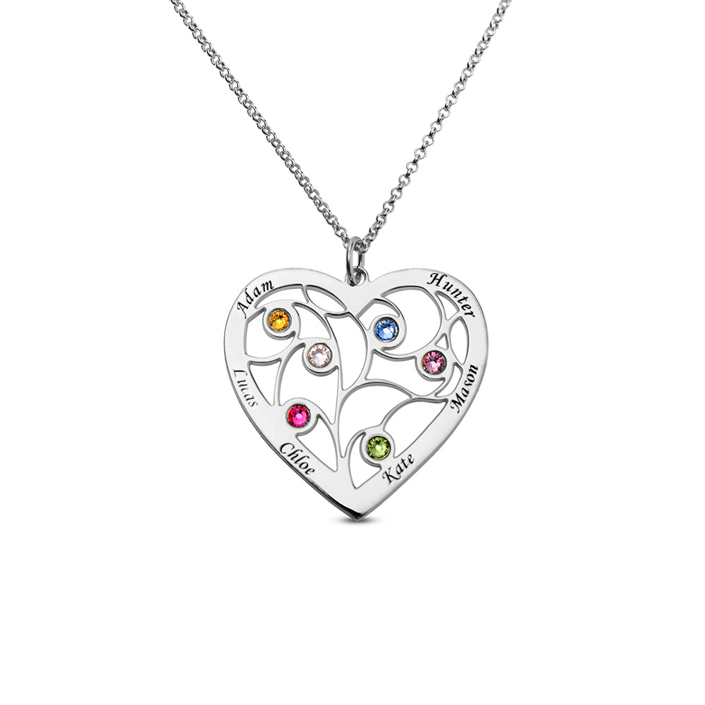 Sterling Silver Heart Family Tree Necklace Engraved with Name & Births