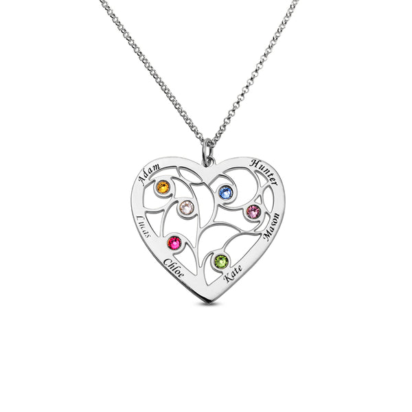 Sterling Silver Heart Family Tree Necklace Engraved with Name & Births