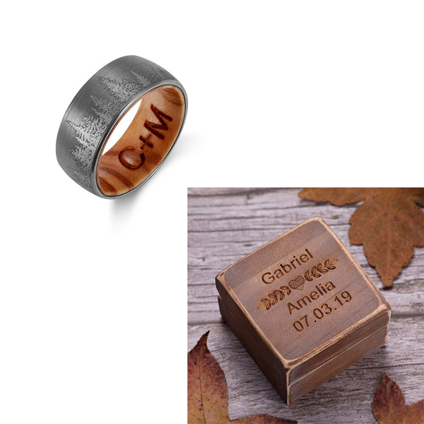 Engraved Wood Ring With Forest Trees Nature Ring With Ring Box