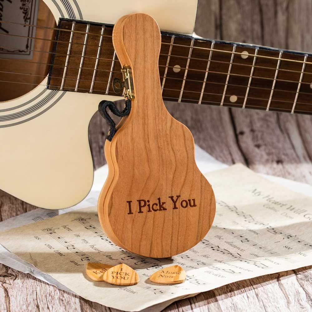 Personalized Wood Guitar Pick Box with Picks