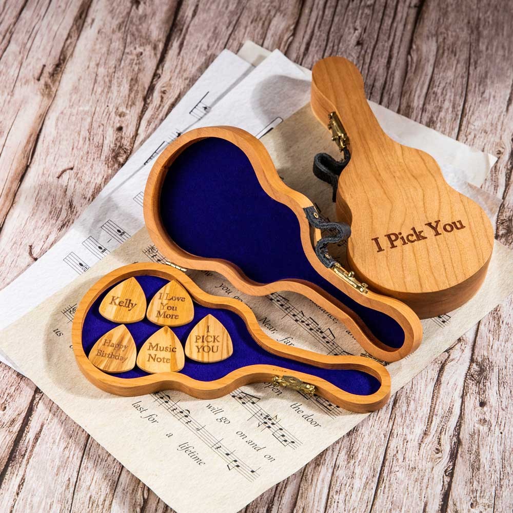 Personalized Wood Guitar Pick Box with Picks