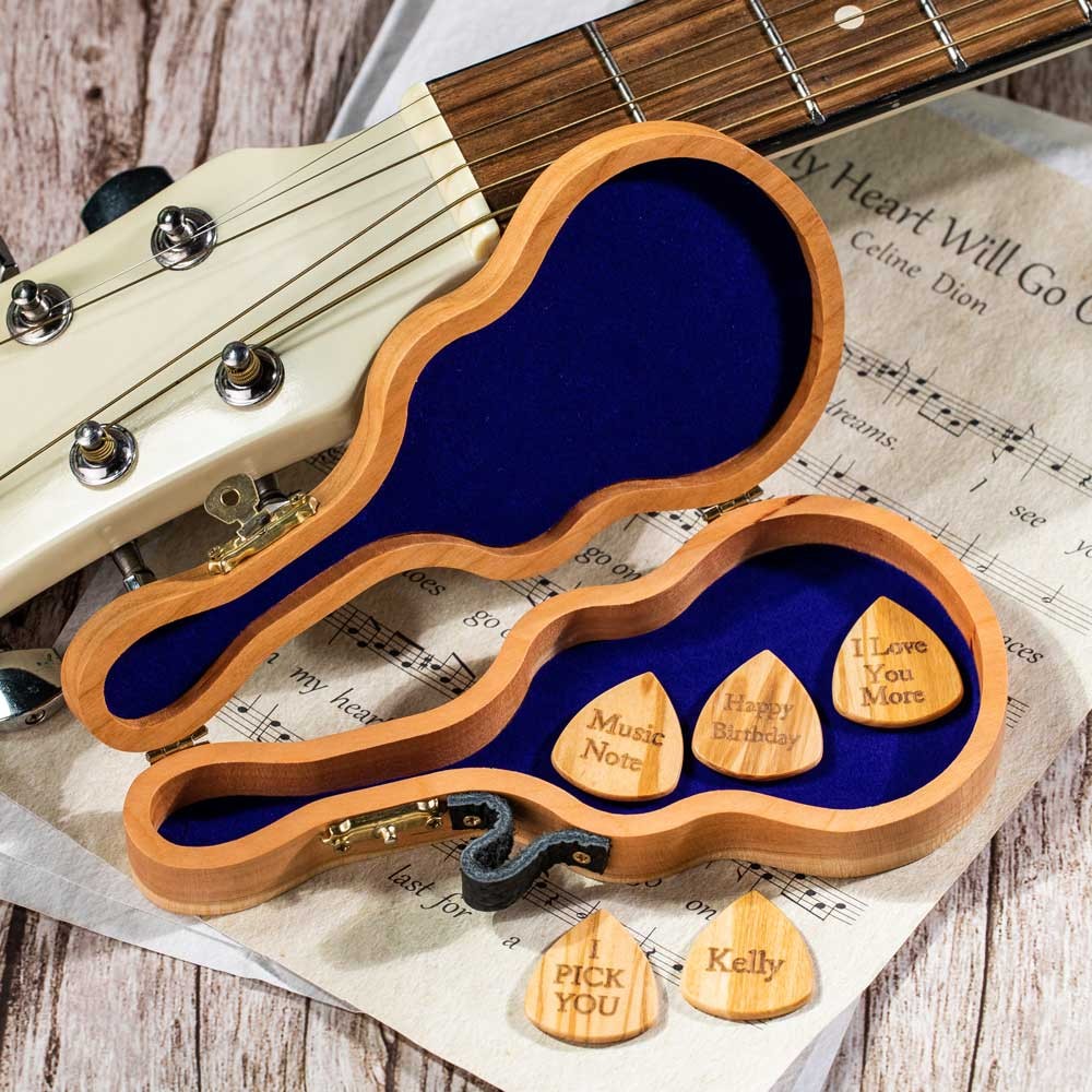 Personalized Wood Guitar Pick Box with Picks