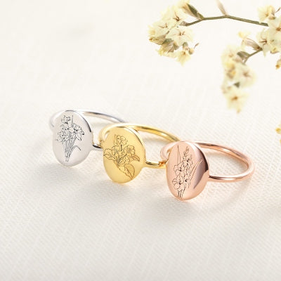 Personalized Birth Flower Ring With Engraving