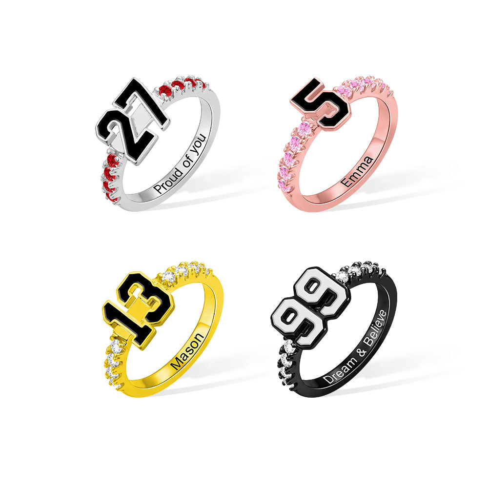 Personalized Sports Number Birthstone Ring Sterling Silver