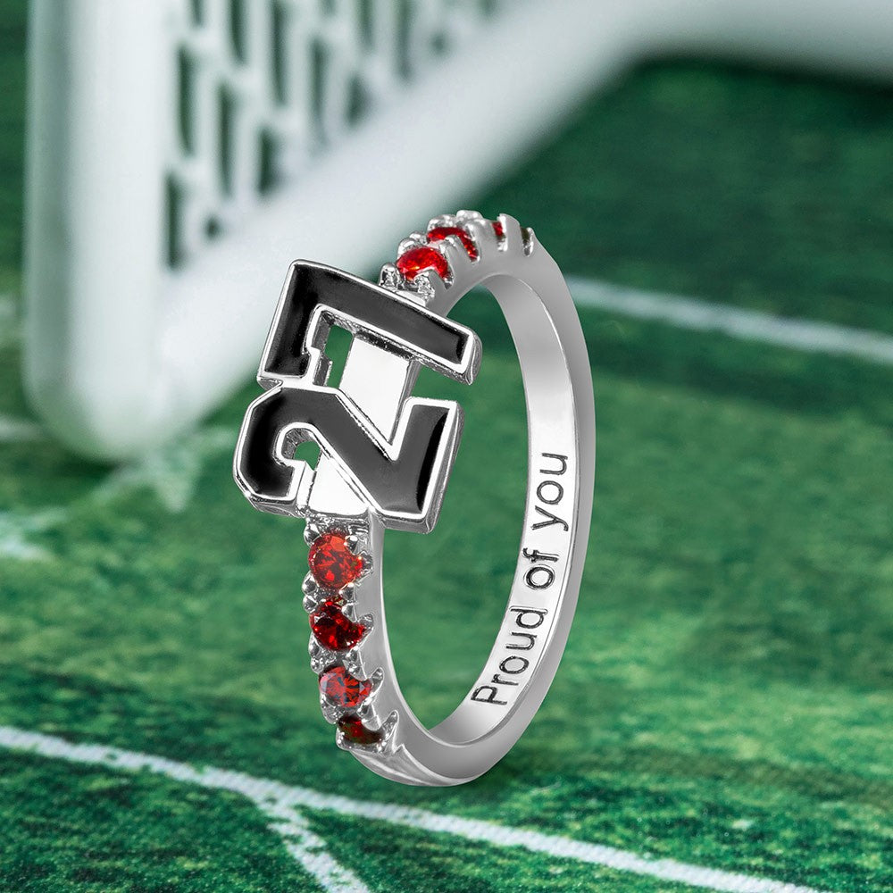 Personalized Sports Number Birthstone Ring Sterling Silver