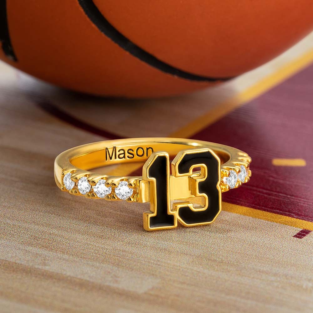 Personalized Sports Number Birthstone Ring Sterling Silver