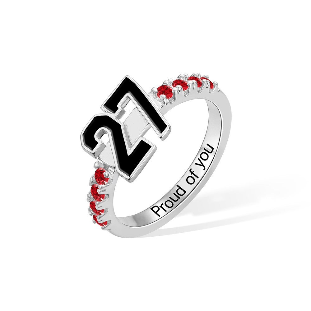 Personalized Sports Number Birthstone Ring Sterling Silver