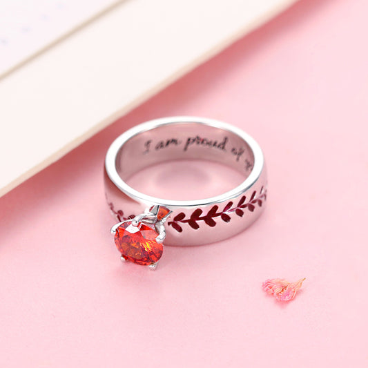 Engraved Baseball Texture Solitaire Birthstone Ring