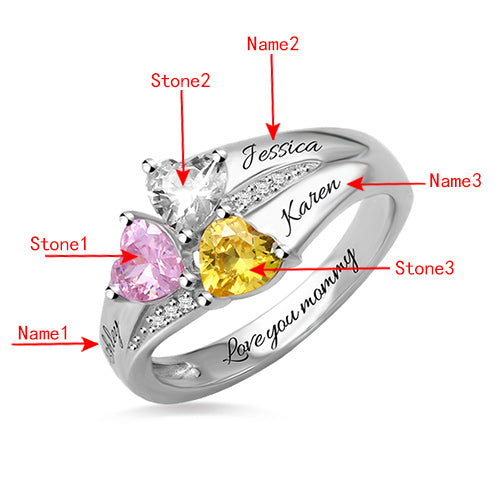 Custom Three Heart Birthstones Engraved Names Ring Sterling Silver